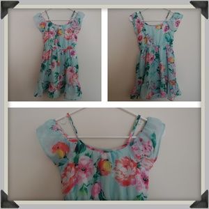 Sz M Girls Light Blue/Green Chiffon Floral Dress